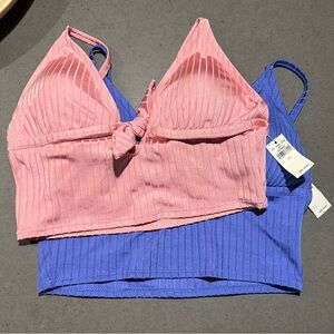Set of 2 Aerie Ribbed Longline Triangle Bikini Top NWT Pink and Blue